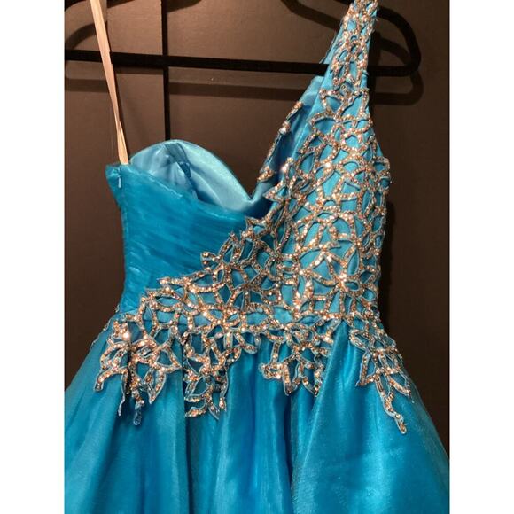 Sherri Hill Short Turquoise One Shoulder Prom glam Homecoming Balloon Dress 4 - Picture 11 of 11